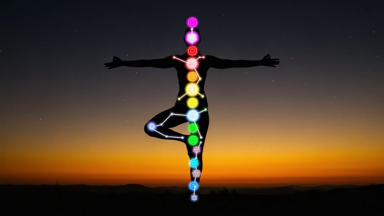 A Figural Representation of Balance and Energy: A Silhouette Meditating Amidst a Vibrant Sunset with Highlighted Energy Centers