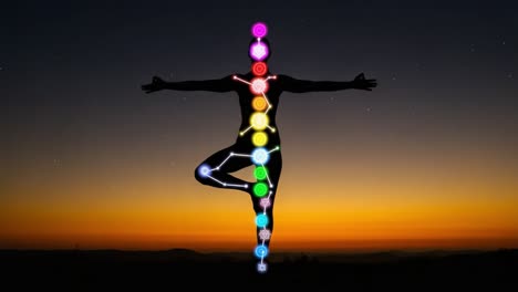 a figural representation of balance and energy: a silhouette meditating amidst a vibrant sunset with highlighted energy centers