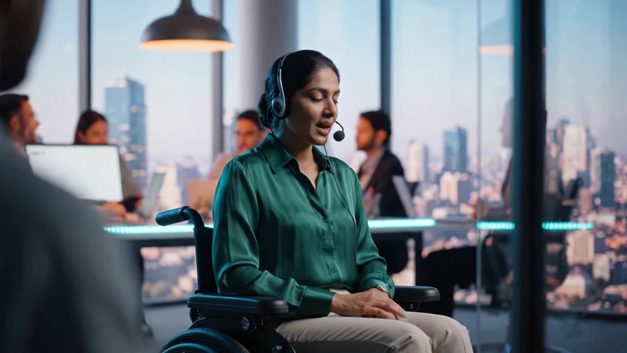 Profesional fokus di lingkungan kantor modern, mengenakan headset, sibuk bekerja, dengan pemandangan kota di latar belakang, menciptakan suasana produktif