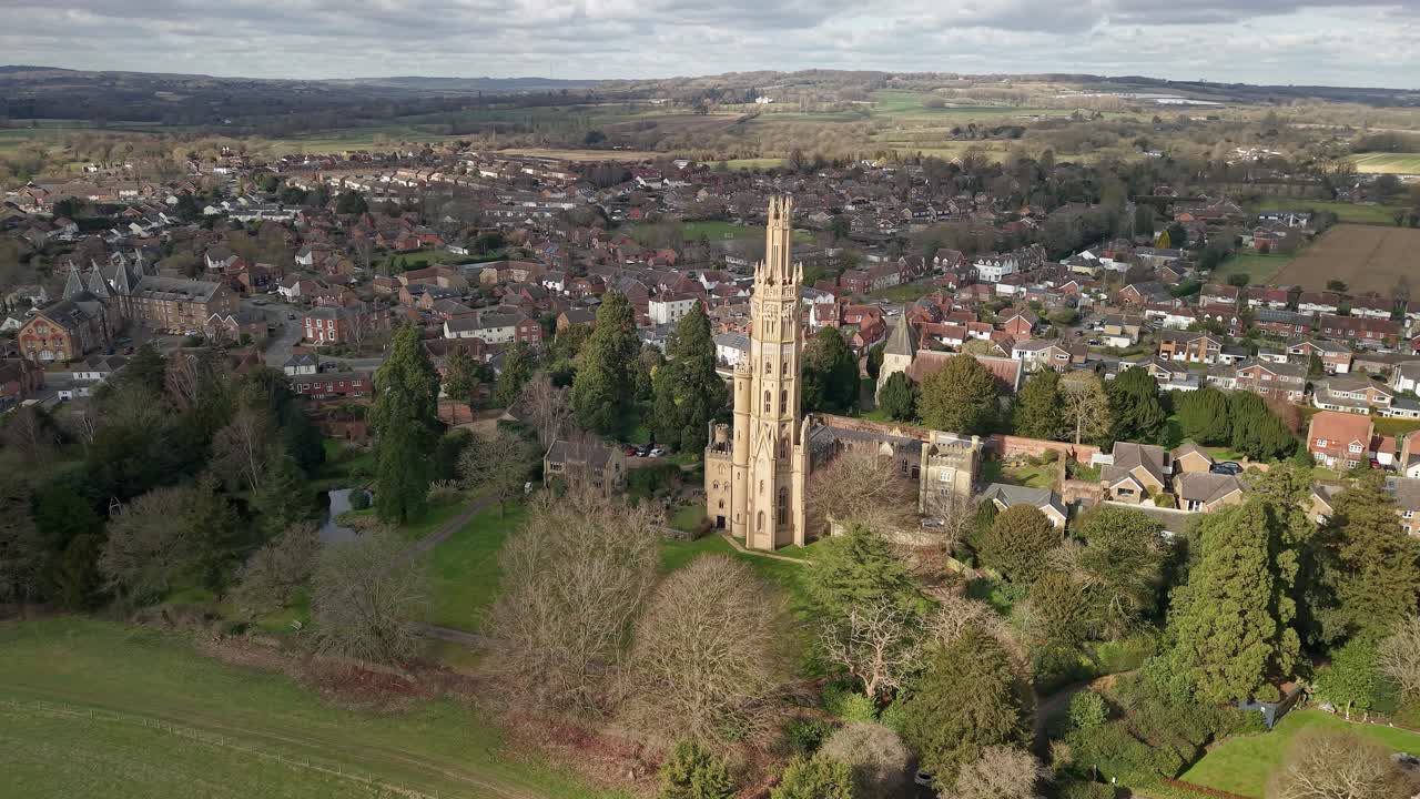Aerial view of Hadlow Tower on Kent village, blending Gothic revival architecture with English countryside