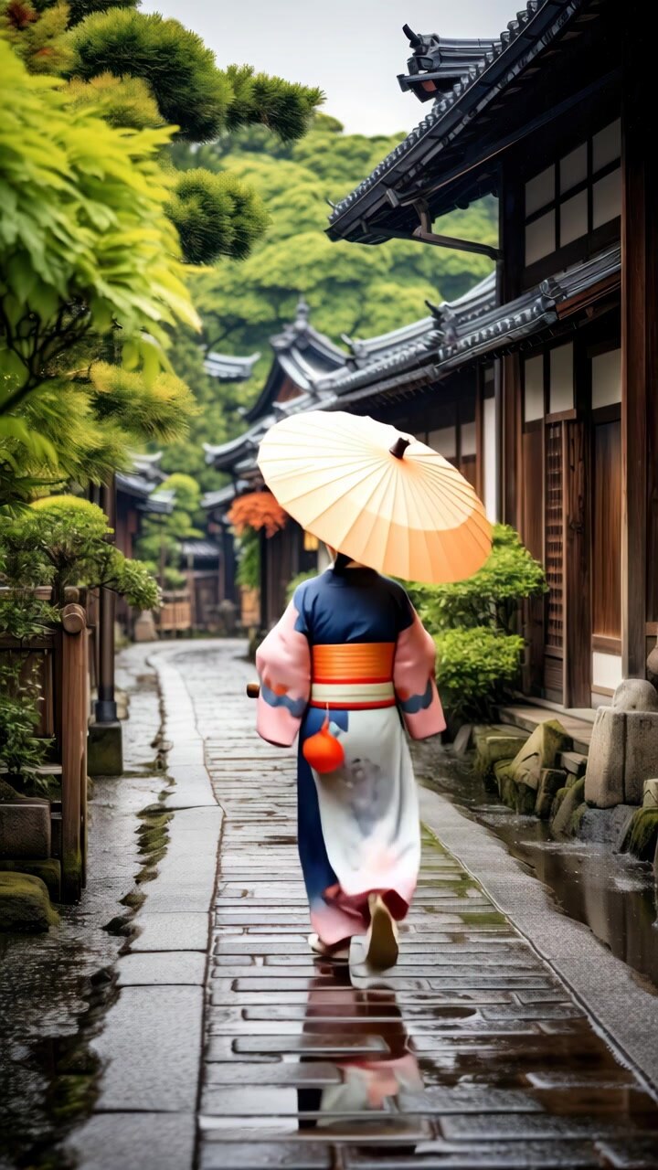 Donna in kimono tradizionale che passeggia per una via storica giapponese