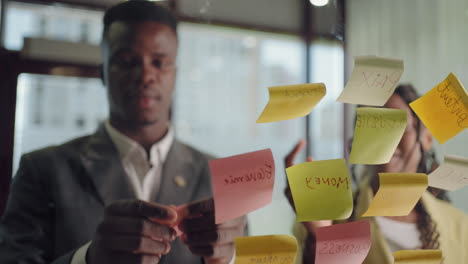 african american managers or marketing specialists are sticking post-it notes on glass in office