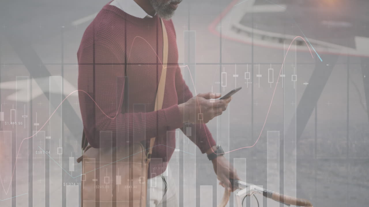 animazione di dati finanziari e grafici su un anziano afroamericano che usa uno smartphone