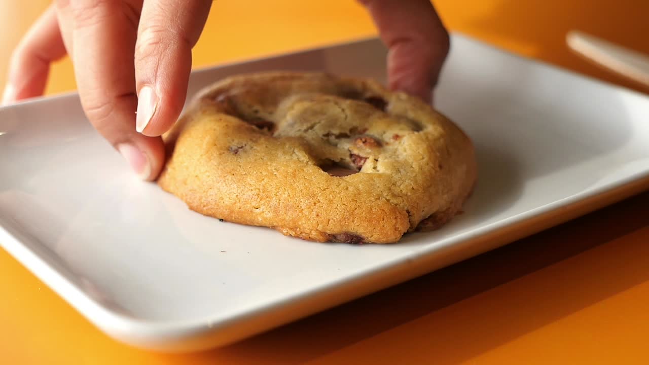 Hand Picking Up a Delicious Cookie from a White Plate