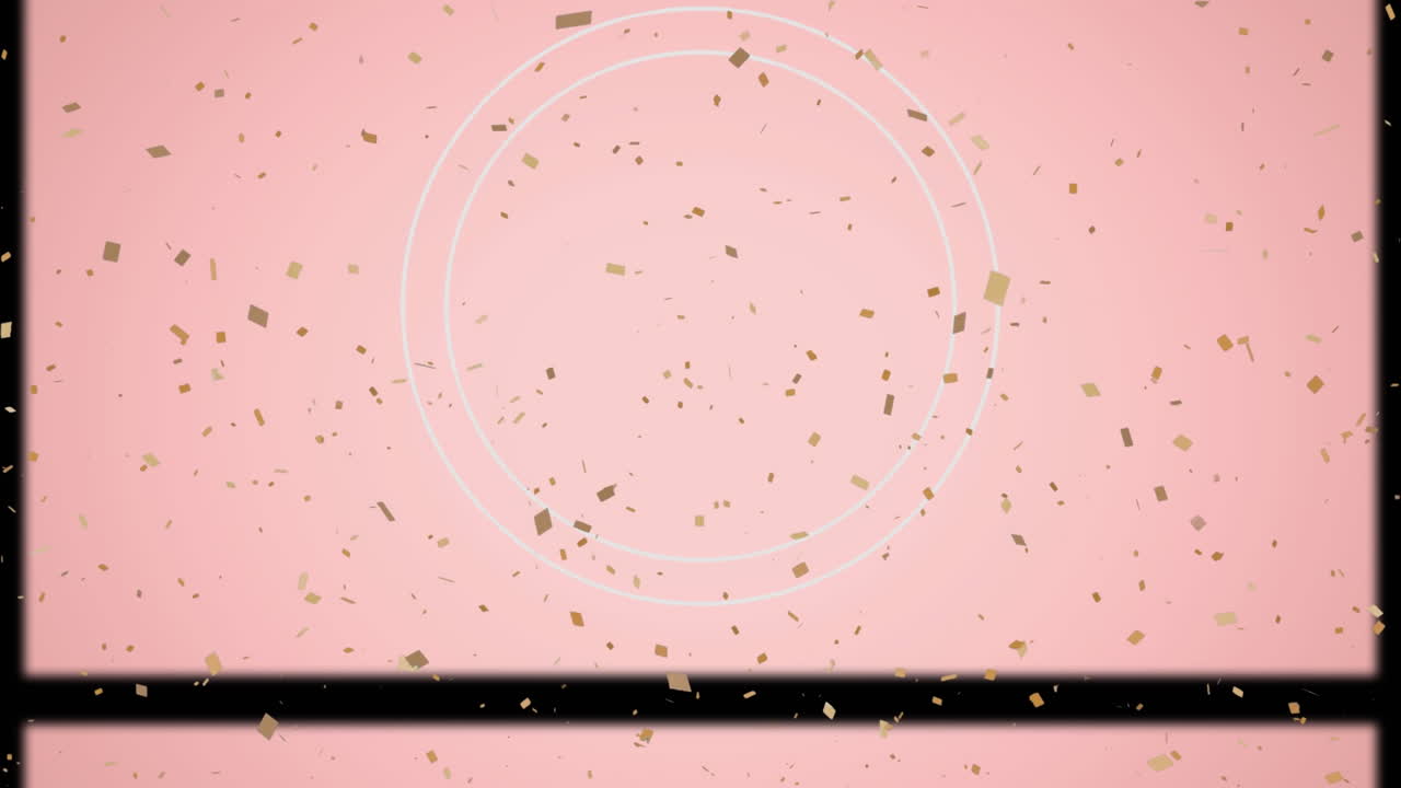 ⁇ 색 원 위에 떨어지는 콘페티의 애니메이션과 분홍색 배경에 미끄러지는 프레임