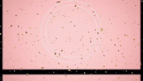 animation of confetti falling over white circles and slipping frame on pink background