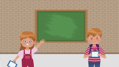 estudiantes de preescolar con animación de personajes de pizarra