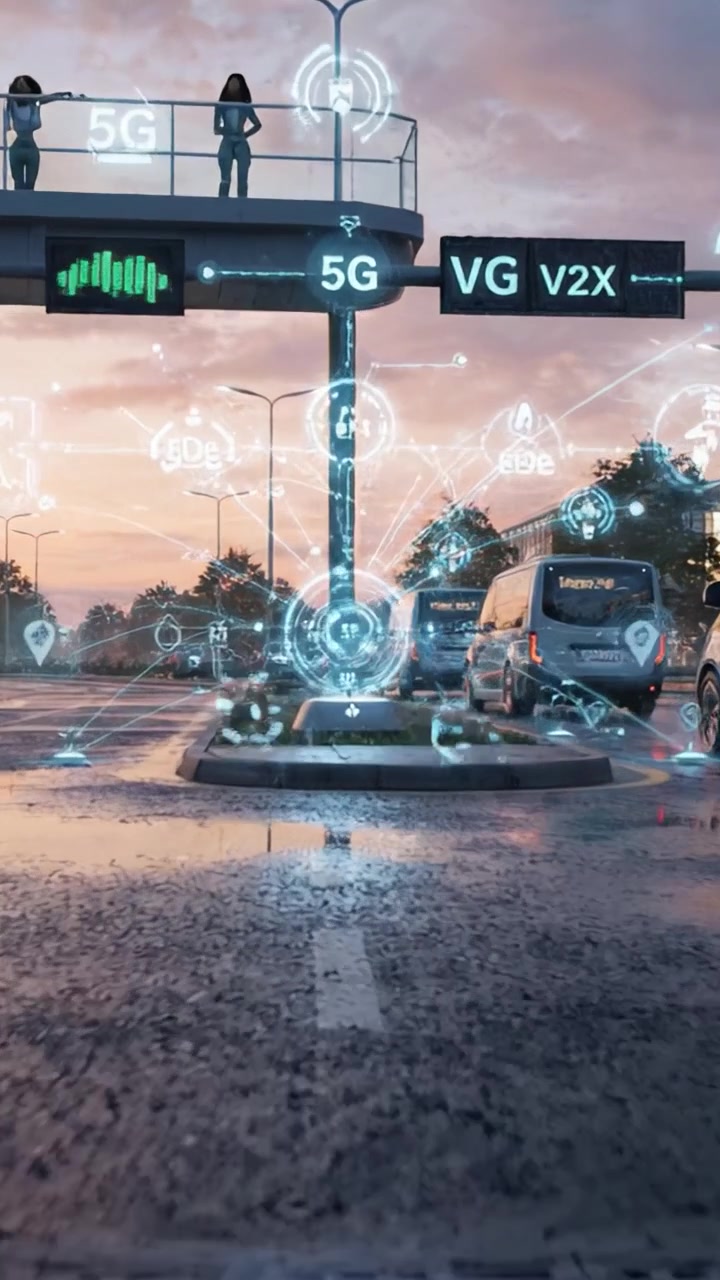 Incrocio urbano futuristico con tecnologia 5G e comunicazione veicolo-tutto in un'ambientazione ispirata al cyberpunk all'alba.