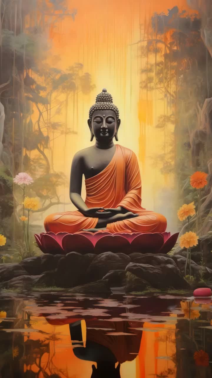 Una serena statua di Buddha in posizione del loto, circondata da fiori. Acquisita da una bassa angolazione, perfetta