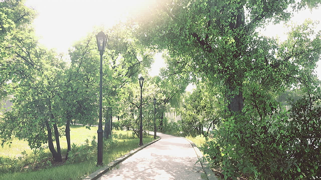 Sunlit path through lush greenery in a tranquil park during afternoon