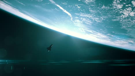 wide shot of the space shuttle orbiting earth.