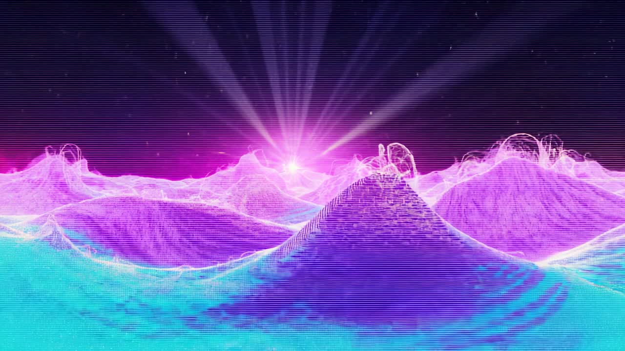 Orbiting camera showing terrain flowing under stars, magenta light ascending behind central peak