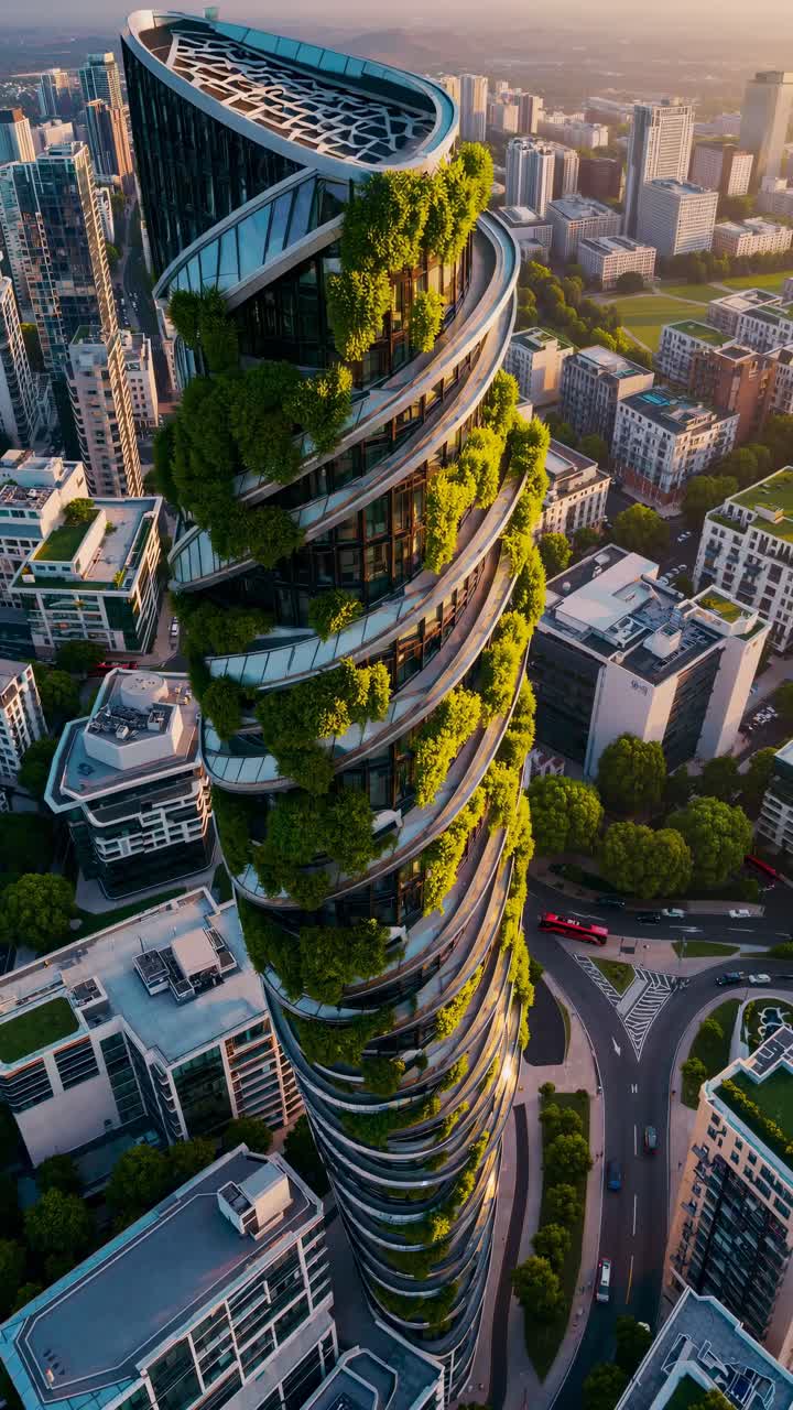 Vista aérea de um arranha-céu em espiral com vegetação, cercado por uma paisagem urbana ao pôr do sol.