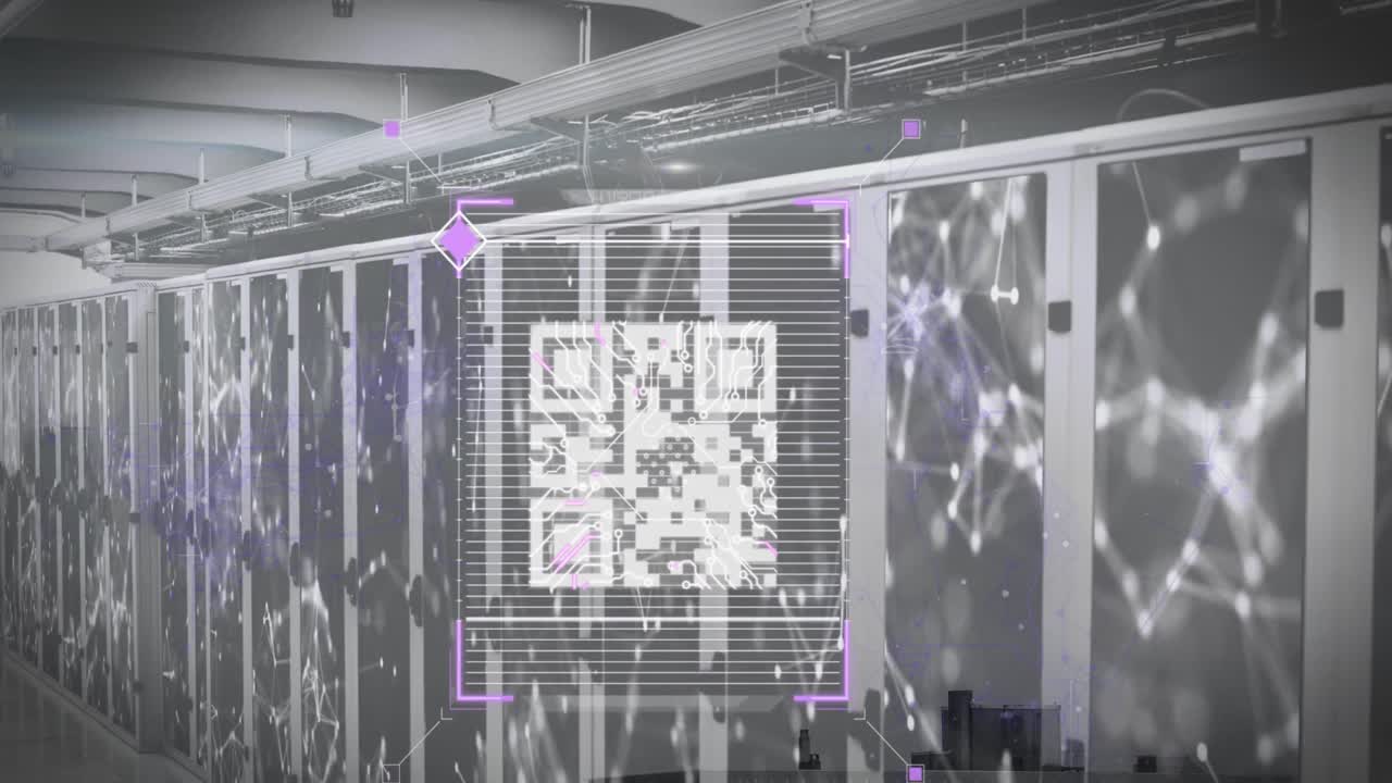 animación del código qr, redes, procesamiento de datos a través de servidores informáticos