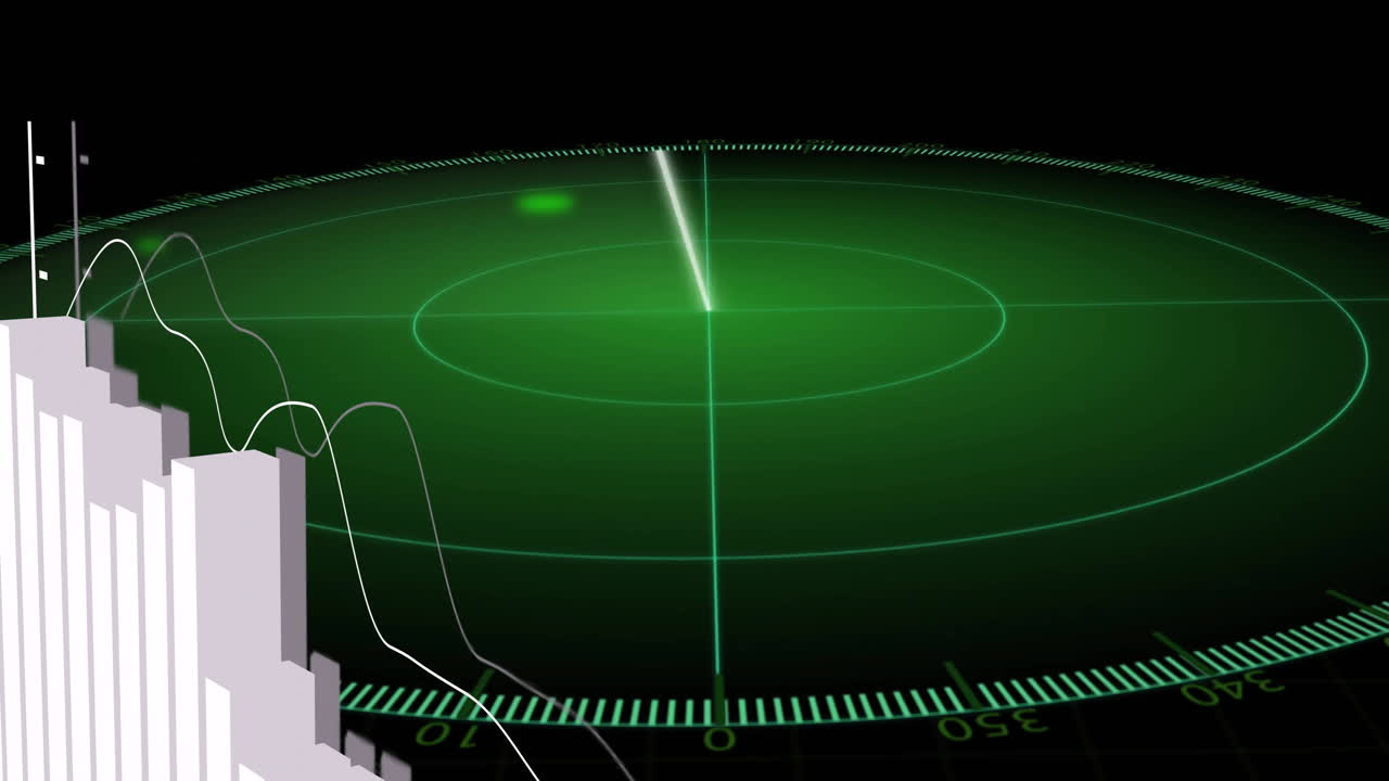 Radar screen with animation displaying blip and graph overlay on black background