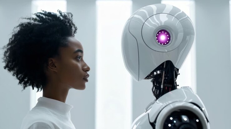 Concept futuristico di video sull'interazione uomo-robot. L'angolo del profilo laterale cattura una donna e un robot
