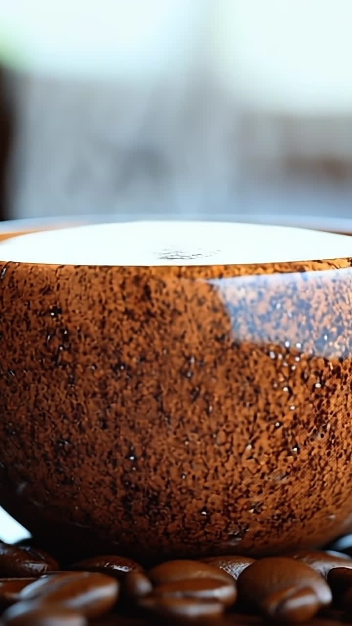 Freshly brewed coffee in a rustic cup. A warm cup of coffee sits atop roasted coffee beans, steam rising softly in a cozy setting by the window.