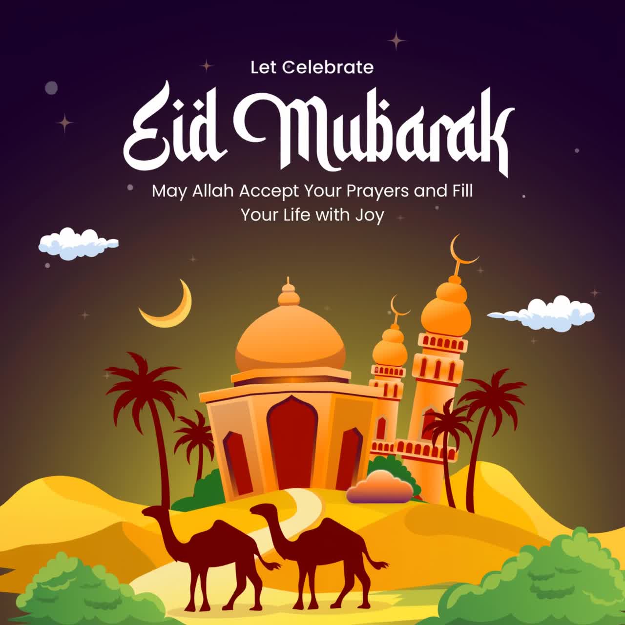 Augurio Animato di Eid Mubarak con Moschea e Paesaggio Desertico