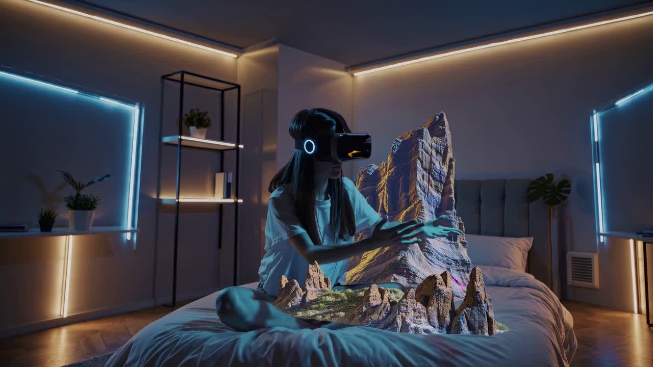 Woman using VR headset experiencing a virtual mountain landscape in a bedroom.