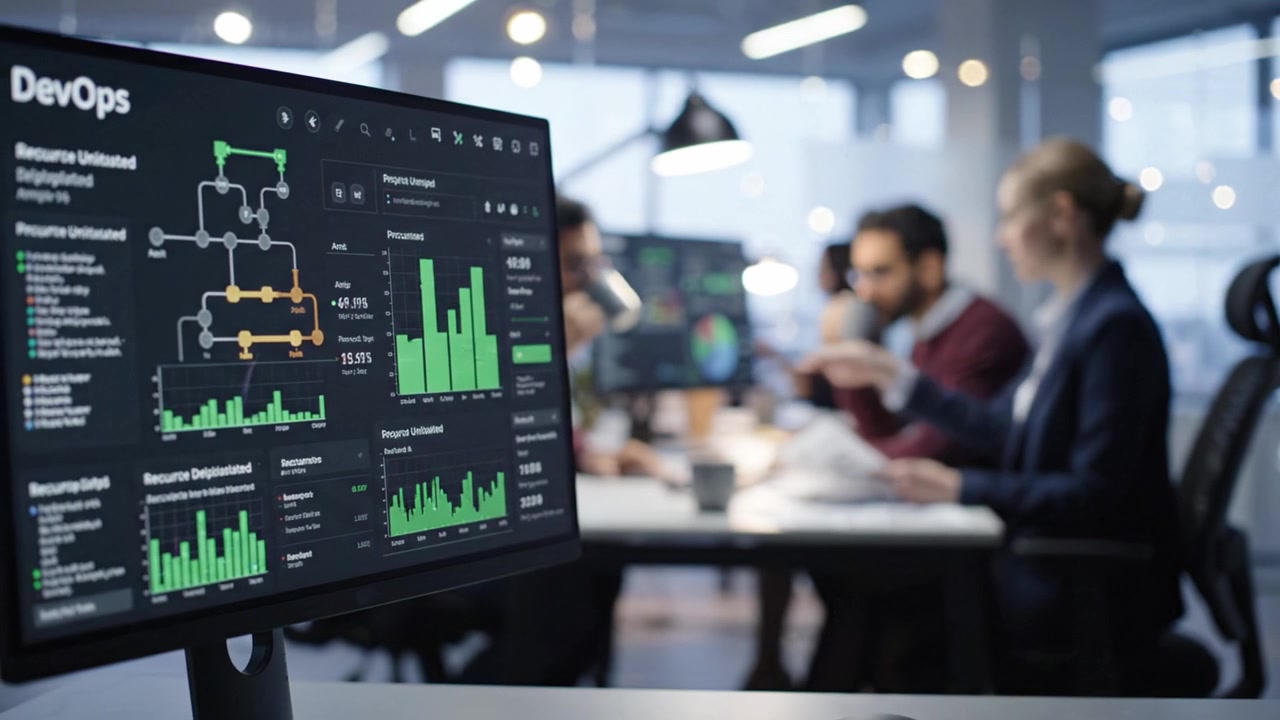 Collaborative Team Analyzes Data Visualizations on Screen in a Modern Office Environment Focused on DevOps Metrics and Performance Insights
