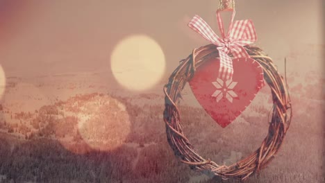 animation of glowing spots and christmas decoration with and winter landscape