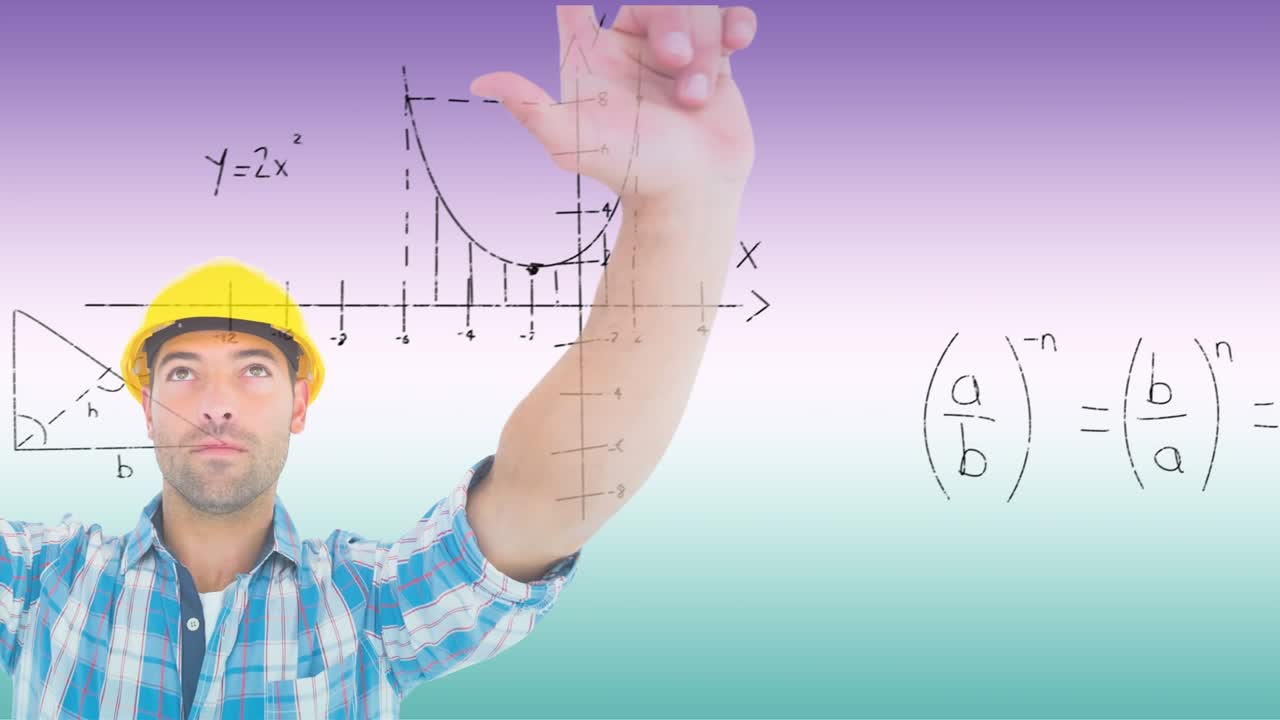 Beyaz erkek çalışan üzerinde matematiksel denklemlerin animasyonu
