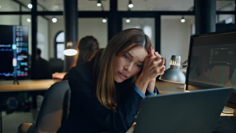 stressed employee end call working late. overwhelmed businesswoman think problem