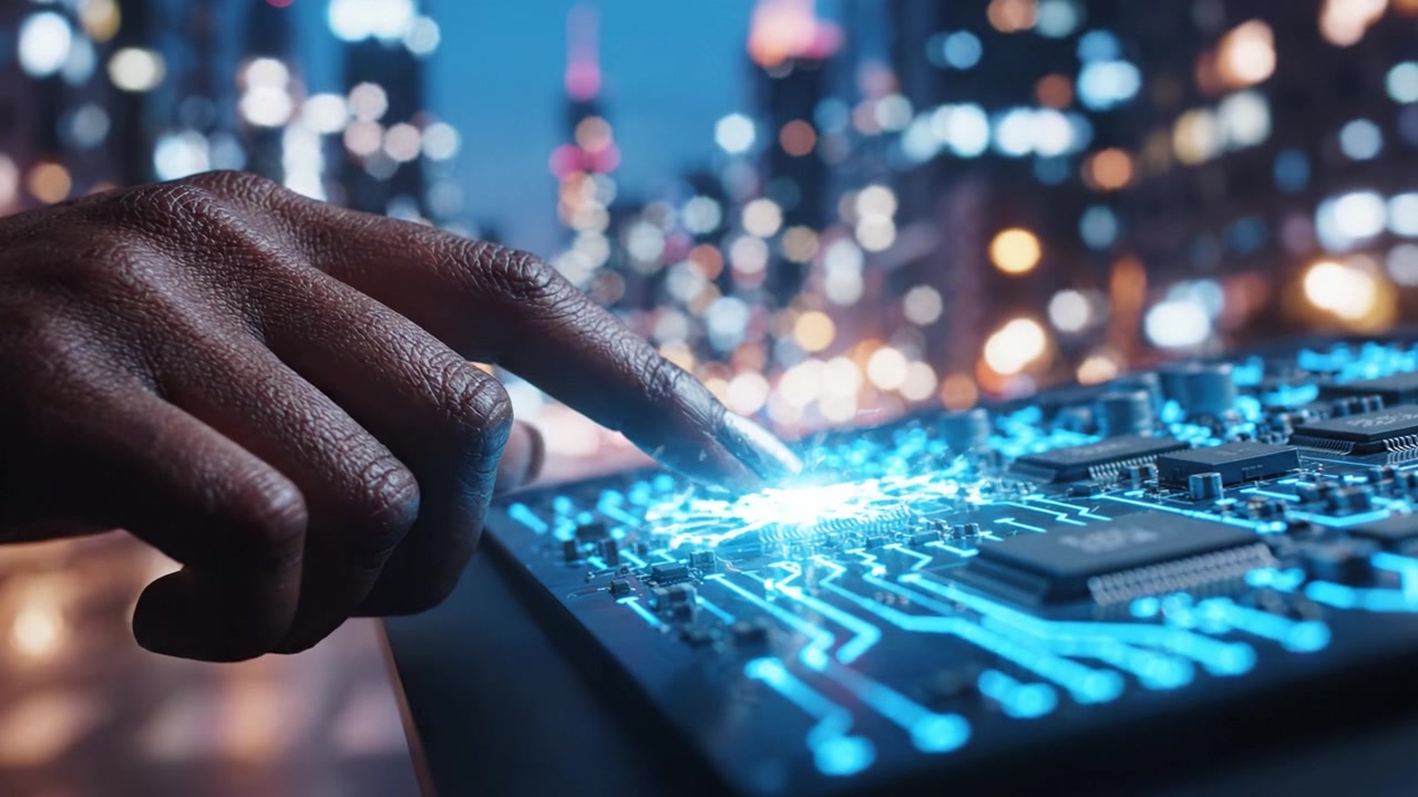 Futuristic Interaction: A Close-Up of a Hand Engaging with a High-Tech Circuit Board Against a Vibrant City Night Background