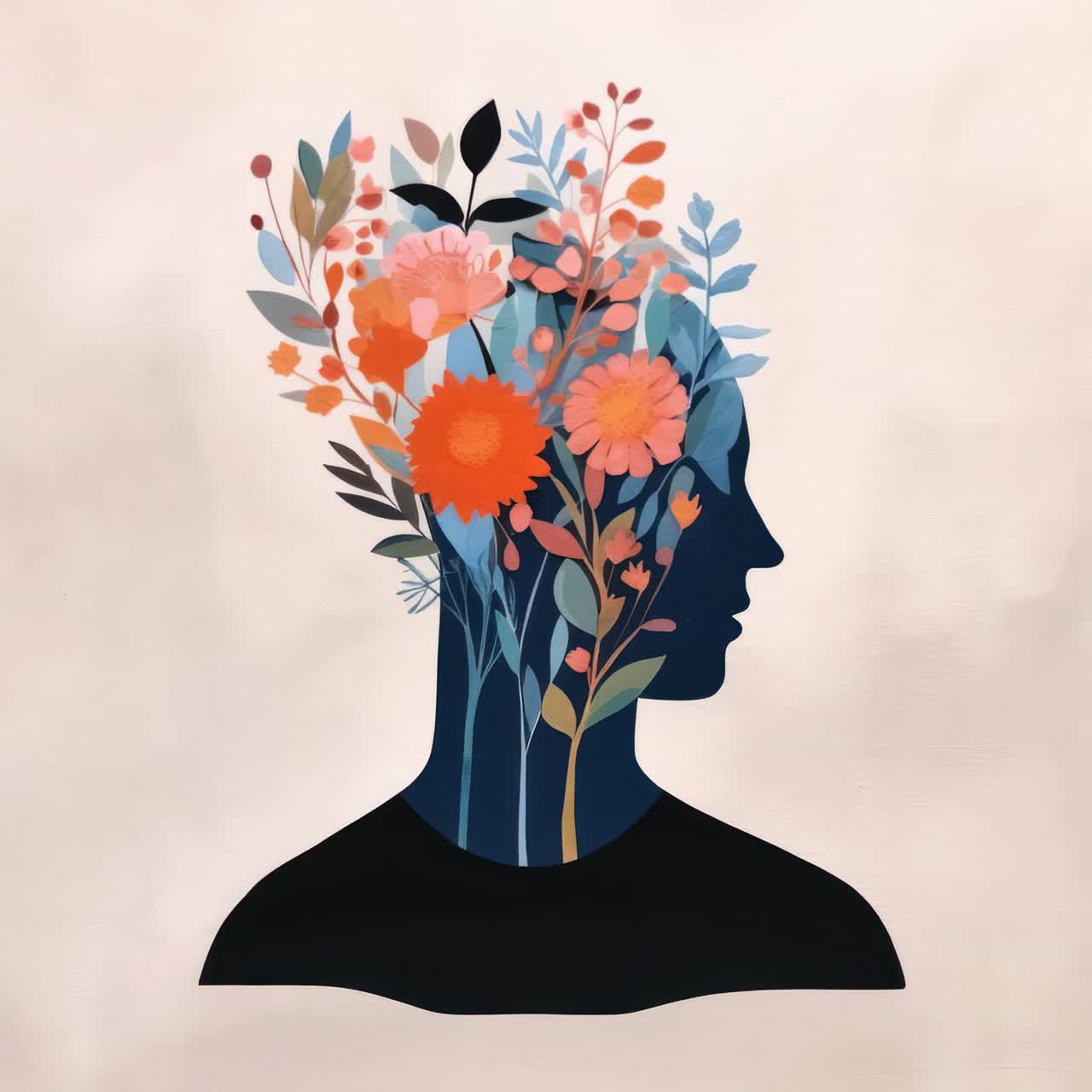 Silhouette of a person with vibrant flowers emerging from the head, symbolizing creativity