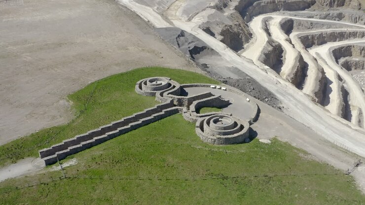 An aerial view of the Coldstones Cut public artwork near Pateley Bridge with an asphalt quarry in the background