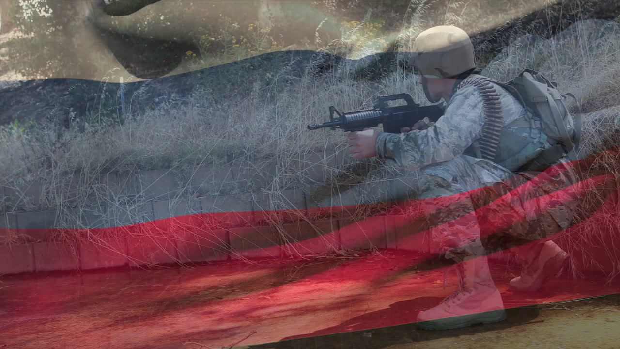 Animation of flag of russia over caucasian male soldier with rifle