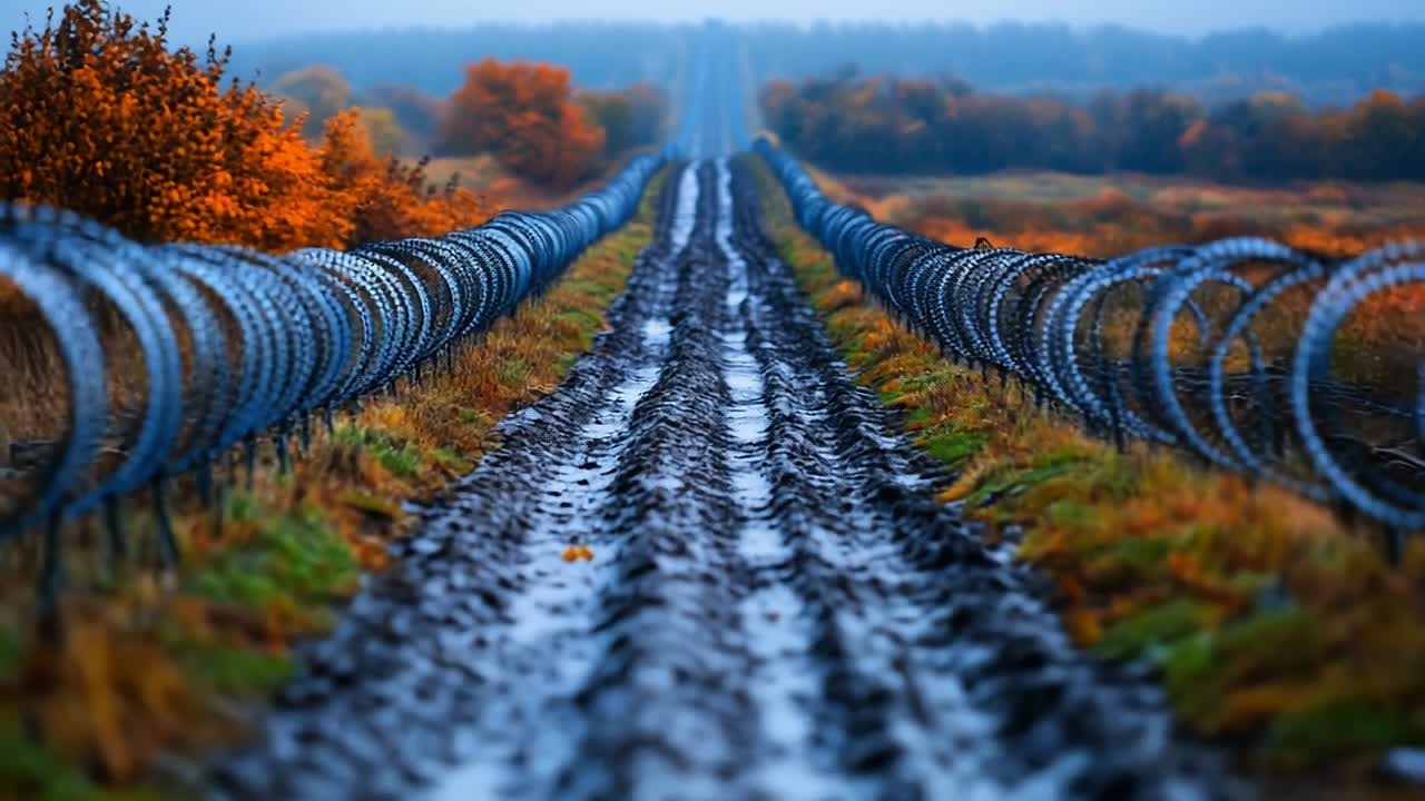 Barbed wire on rugged trail. A muddy path stretches into the distance, bordered by barbed wire coils and surrounded by autumn foliage.