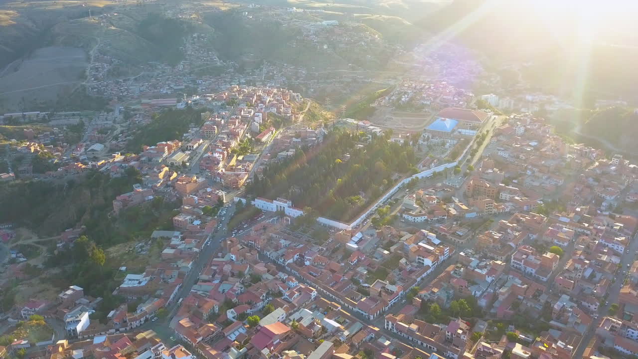 Scenic aerial view of Sucre, Bolivia as the evening sun drapes the city.