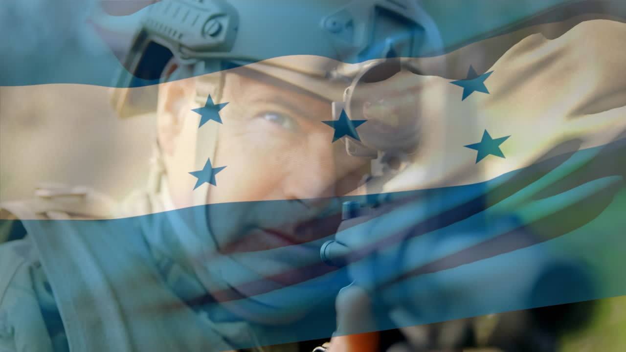 온두라스 발이 무기를 들고 있는 군인 위에 있는 애니메이션