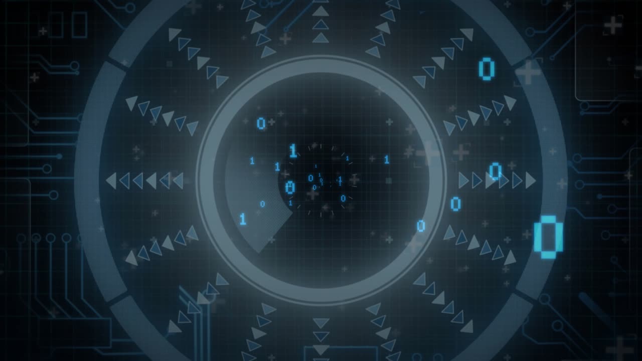 Animation of binary data processing over circular scanner on dark background