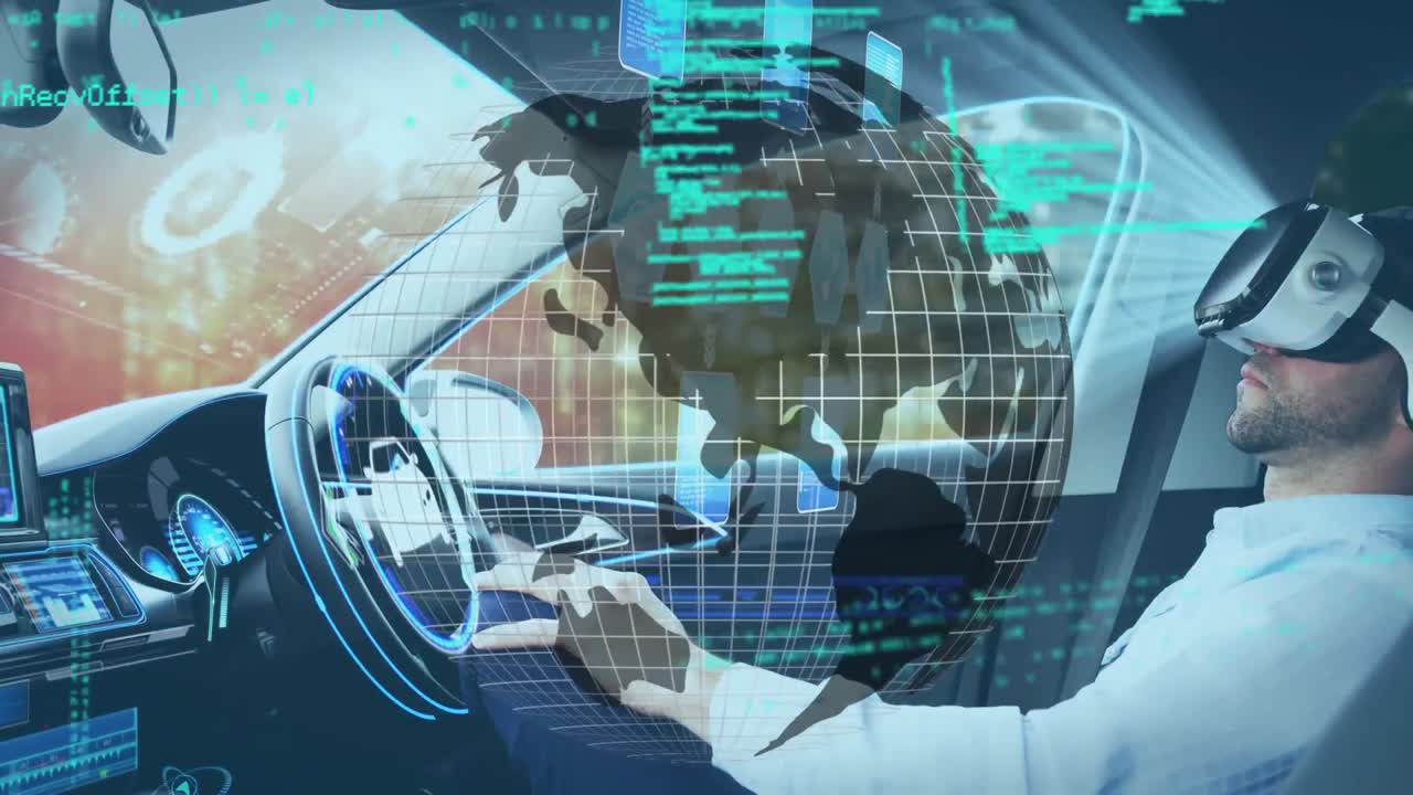 animación de pantallas de información con auriculares man in vr utilizando un coche de conducción autónoma