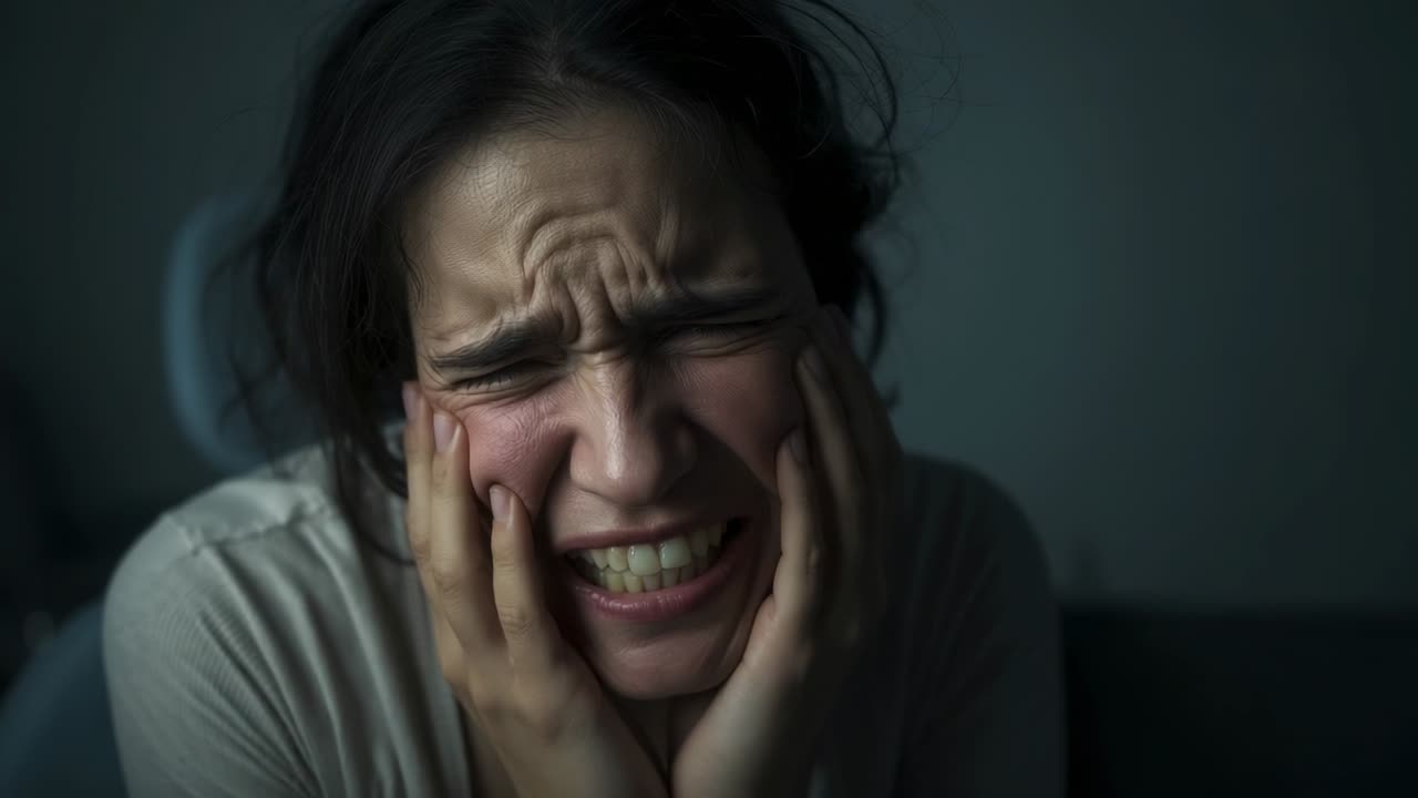 Reacting to pain woman pressing palms against cheeks sitting in dark room, with chair backrest