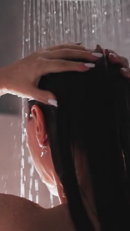 woman washes head in modern shower at home. brunette lady strokes head in grayish shower with tiled wall. cleansing routine brings pleasure for lady