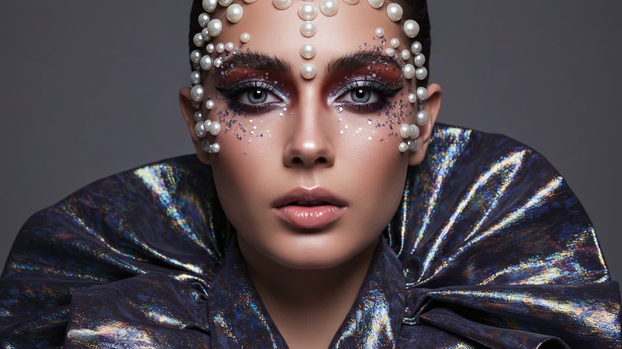 Stunning Fashion Portrait Featuring Extravagant Makeup and Artistic Styling with Pearls and Shimmering Textures Captivating Viewers with a Unique Aesthetic