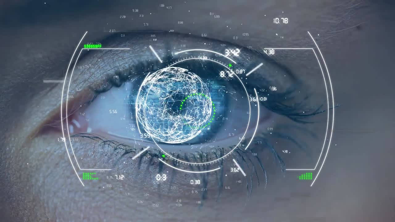 animación del globo y procesamiento de datos sobre el ojo de una mujer caucásica