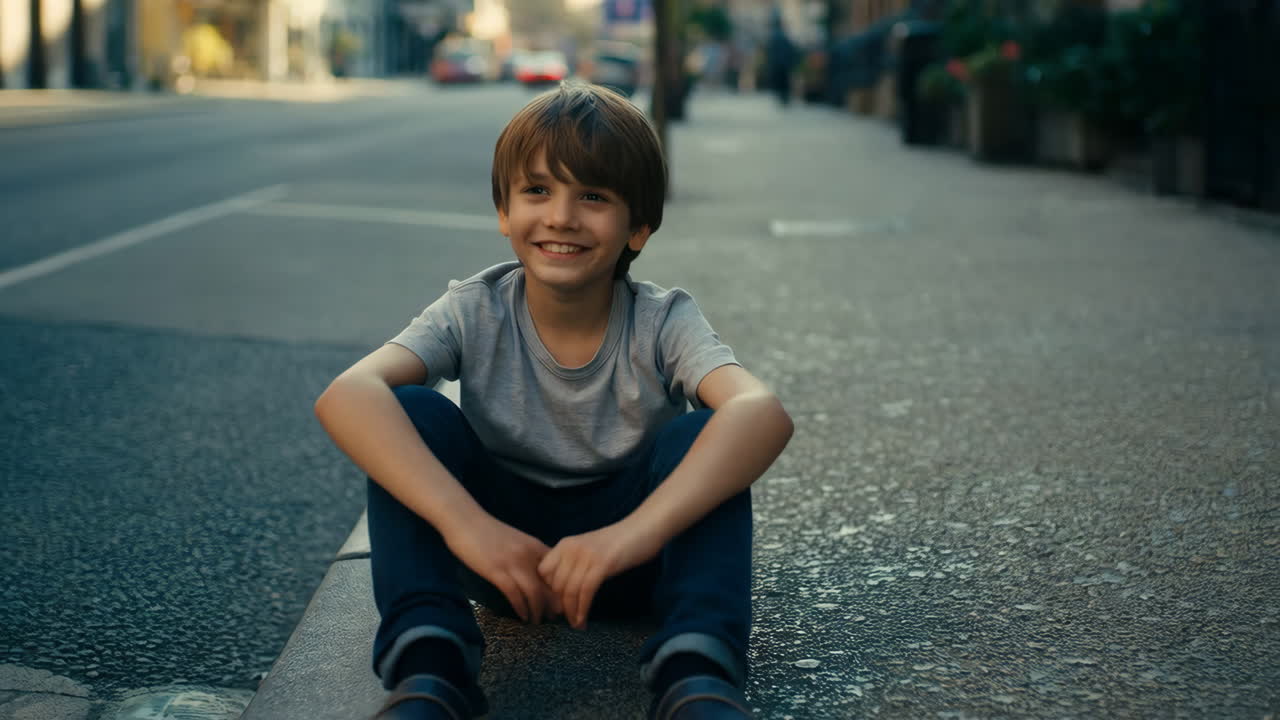 A happy boy smiling while sitting on a city curb