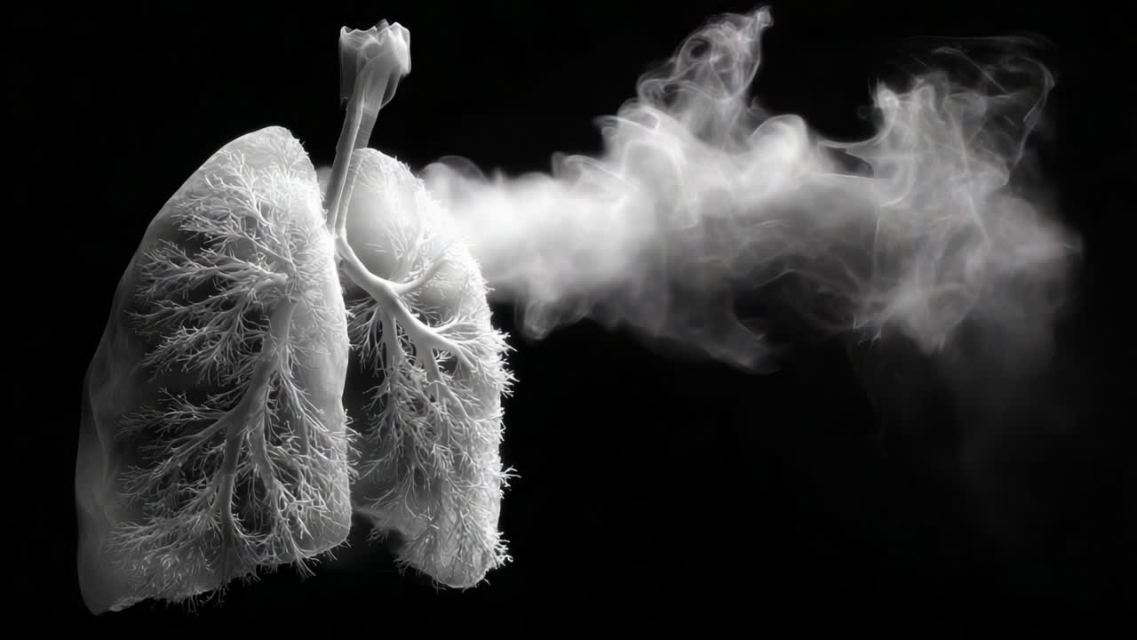 Visual Representation of Human Lungs Exhaling Smoke in Artistic Black and White Imagery Demonstrating Respiratory Function and Health Impact