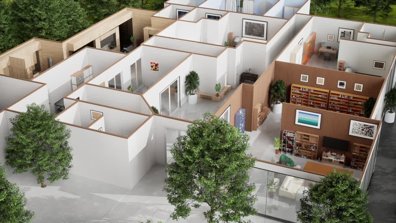 Vista cenital de un plano de planta de casa moderna con detalles interiores.
