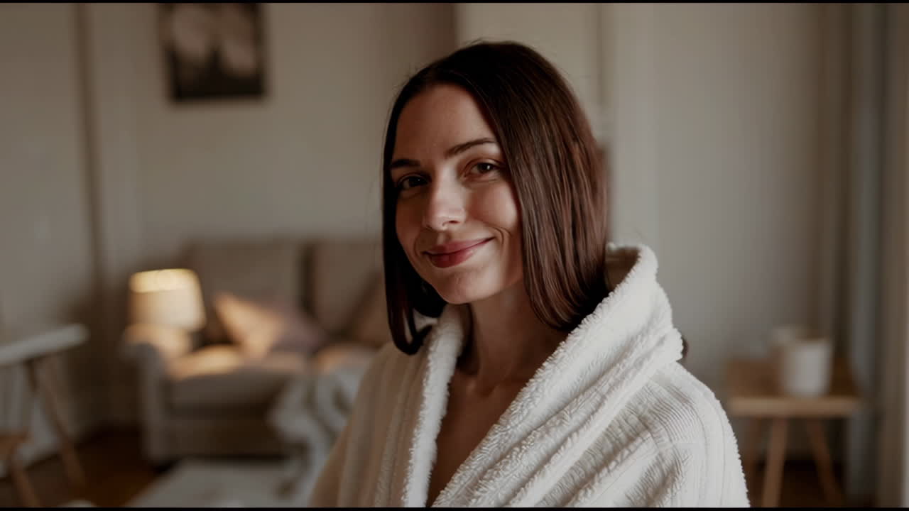 Woman in a bathrobe in a living room