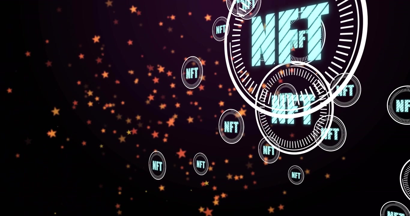 On start stars drifting as NFT tokens sliding grouping around growing emblem showing network growth