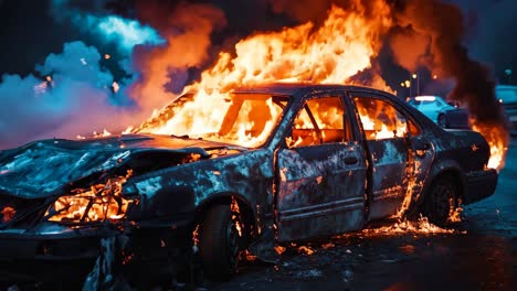 un coche quemado en llamas al lado de la carretera