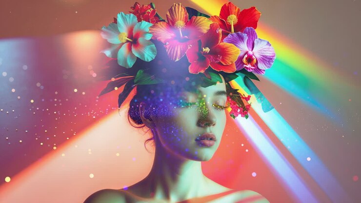 Woman with Floral Crown in Luminous Rainbow Light
