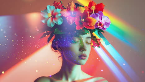 woman with floral crown in luminous rainbow light