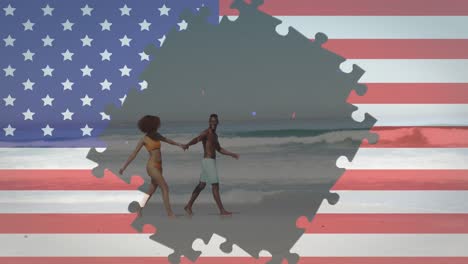 Animation-of-american-flag-jigsaw-puzzles-revealing-confetti-and-couple-dancing-on-beach