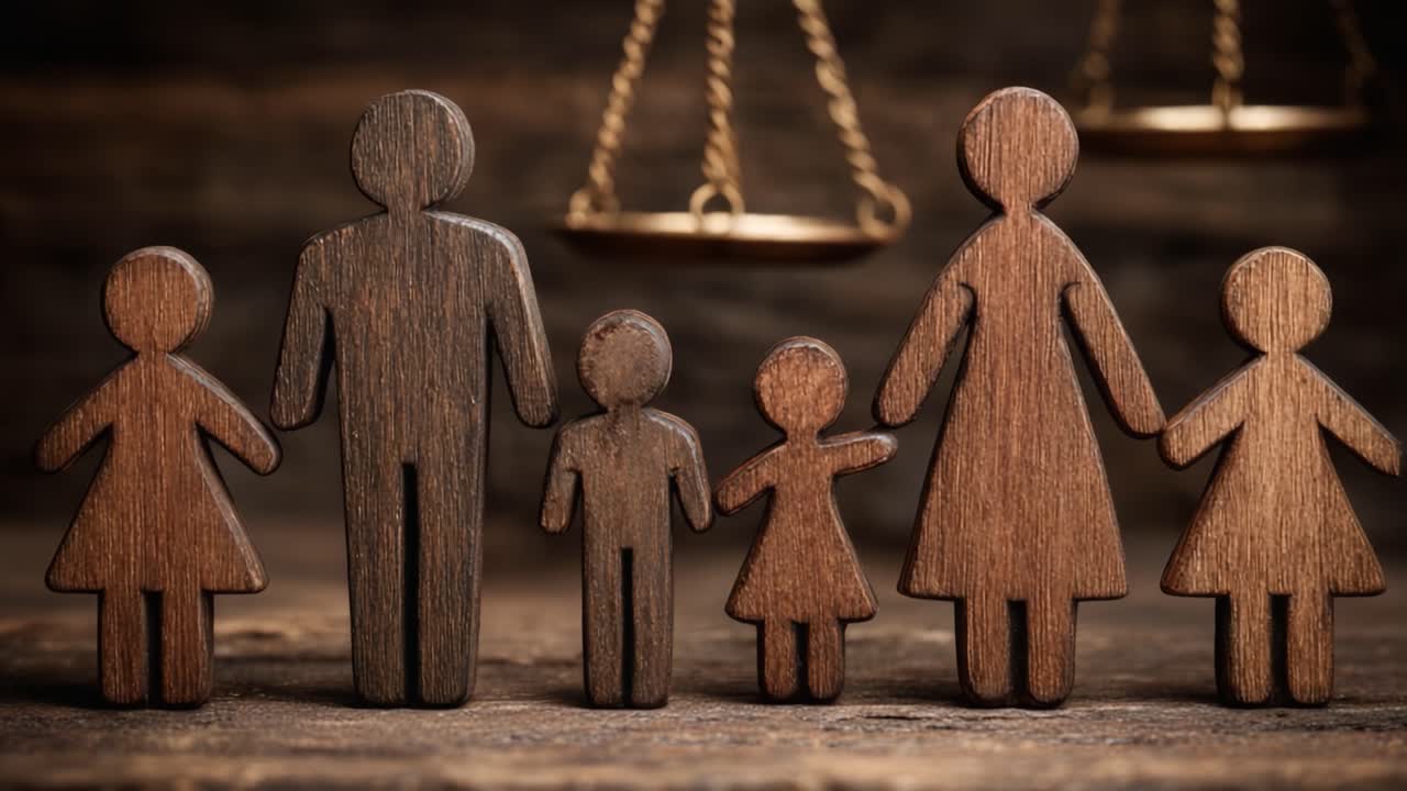 Symbolic Representation of Family Unity and Legal Balance Illustrated Through Wooden Figures Against a Background of Scales, Emphasizing Justice and Togetherness